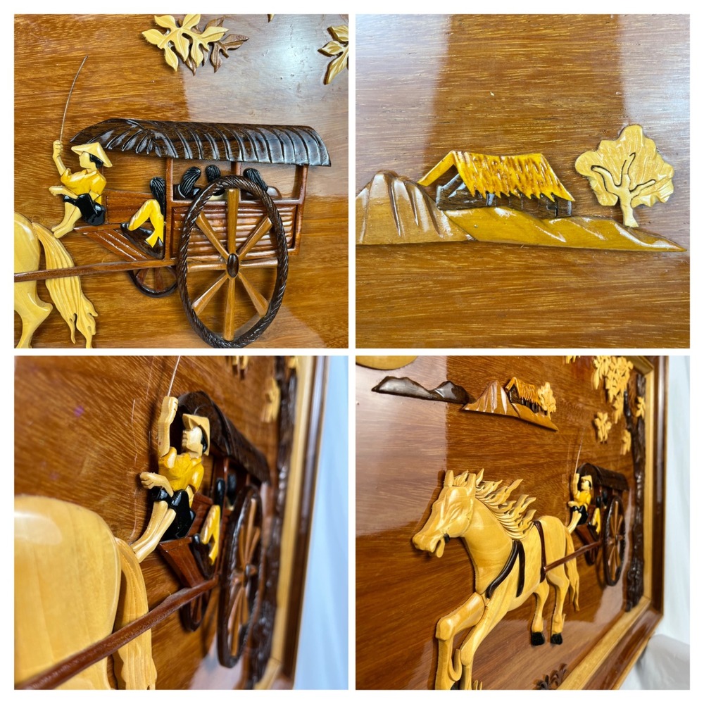 Vtg Asian Hand Carved 3D Wooden Inlay Wall Art Horse Cart Scene Rustic Folk‎ Art - Picture 6 of 8